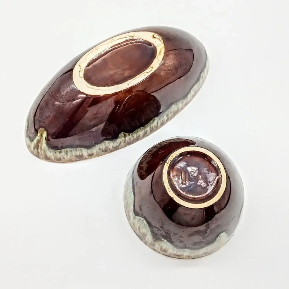 Set of 2 Vintage Canonsburg Ironstone Brown Drip Glaze Ceramic Bowls